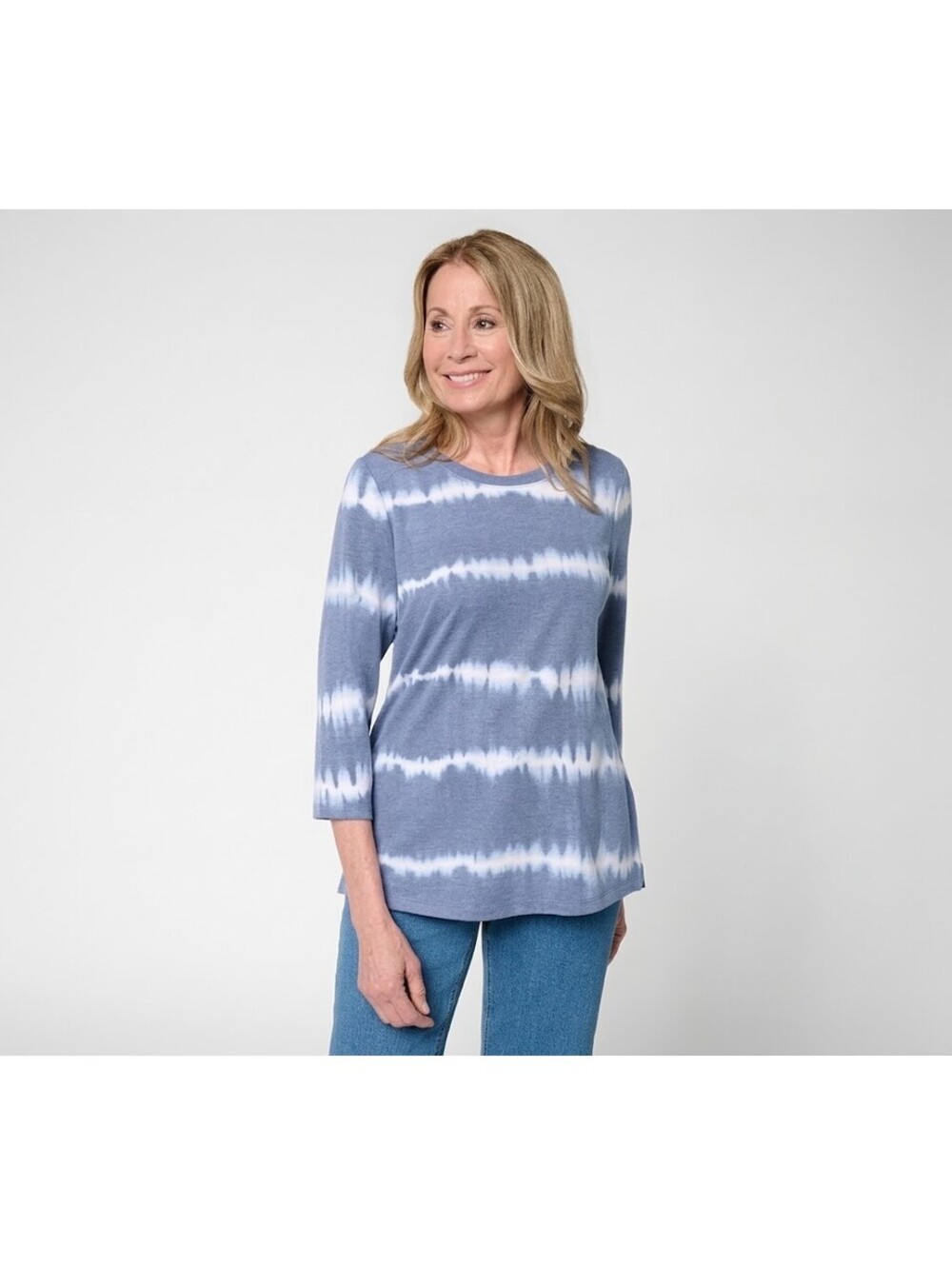 Denim & Co. Regular Soft Blend Tie Dye Stripe Printed Top Indigo, Size Large